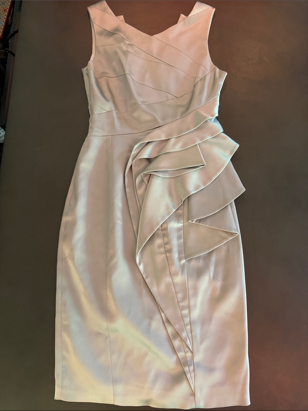 Karen Millen Pale Champagne Satin Midi Dress with Draped Ruffle